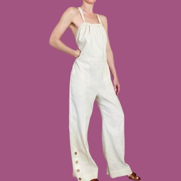 Jonathan Simkhai Ivory Cream Wide Leg Open Back Button Detail Linen Jumpsuit